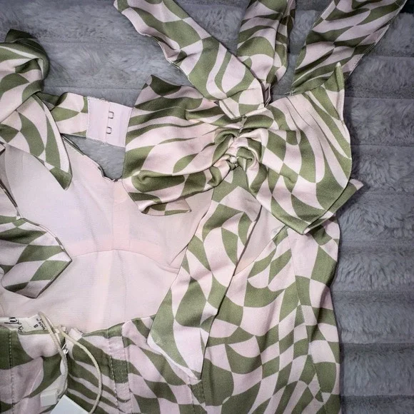 For Love & Lemons Dress Women's Small Green Mini Bow Straps Boned FIt & Flare‎